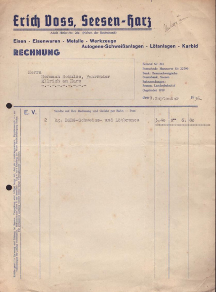 Erich Voss Seesen / Harz Rechnung 1936