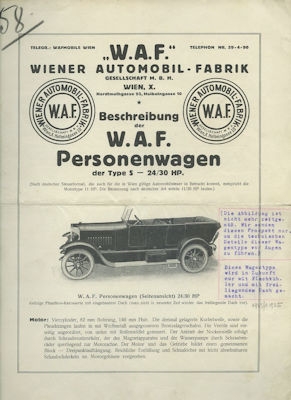 W.A.F. Type S 24/30 PS Automobil Prospekt 1923-1925