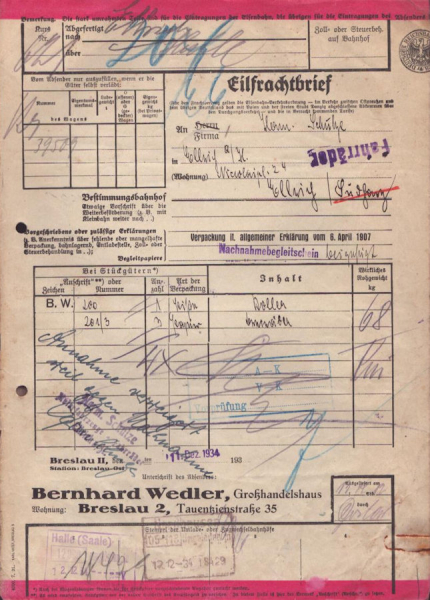 Bernhard Wendler Grosshandelshaus Breslau Eilfrachtbrief 1934