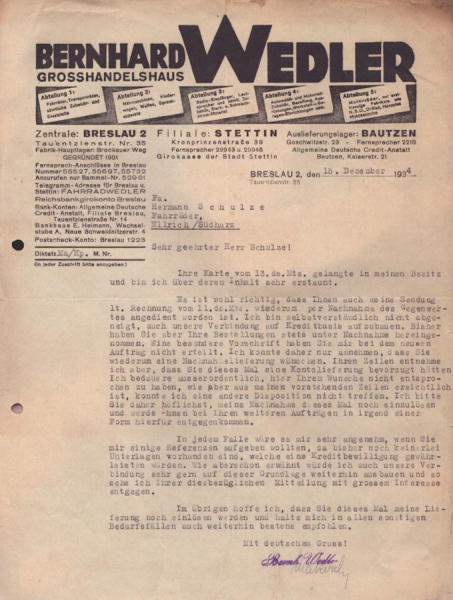 Bernhard Wendler Grosshandelshaus Breslau Schreiben 1934