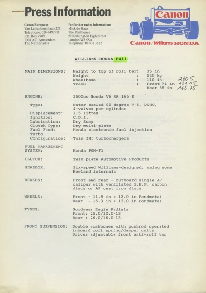 Williams Honda F 1 Pressemappe 1986