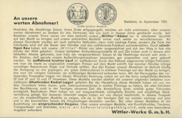 Wittler Fahrräder Prospekt 1931