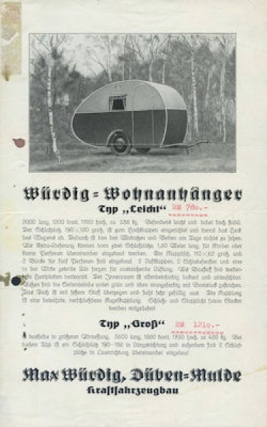 Würdig Wohnwagen Prospekt ca. 1938