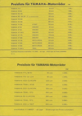 Yamaha Preisliste 9.1974