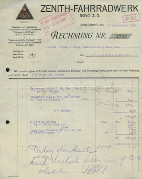 Zenith Fahrradwerk / Ludwigsburg Rechnung 1926
