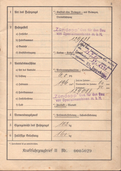 Zündapp Derby L 200 Original Fahrzeugbrief 1934