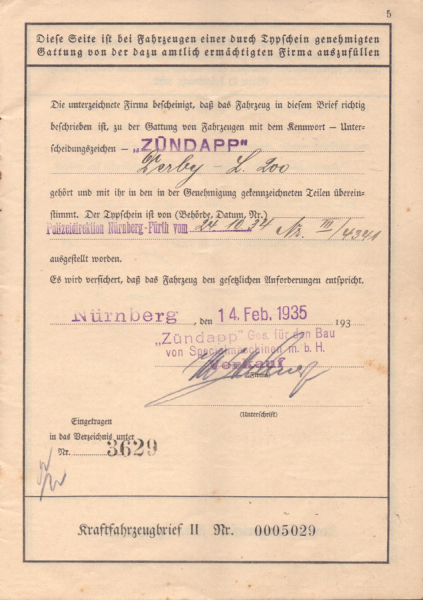 Zündapp Derby L 200 Original Fahrzeugbrief 1934