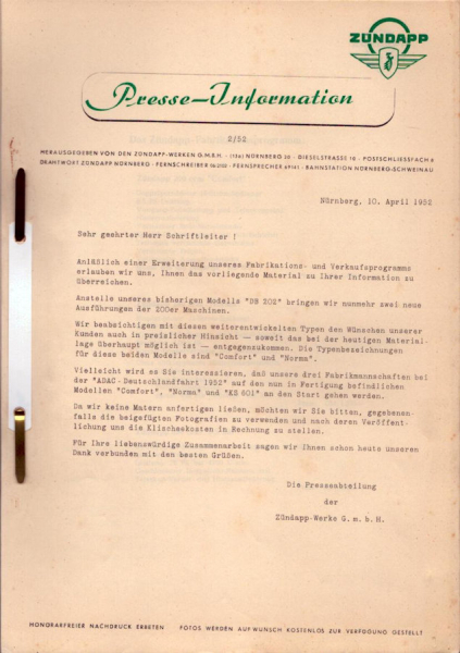 Zündapp Presse Information 2/1952