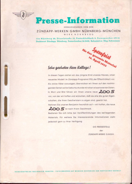 Zündapp 200 S Presse Information 4.1955