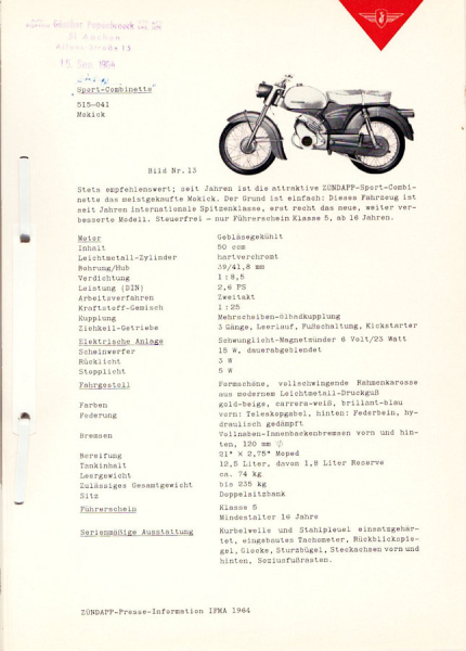 Zündapp Presse Information IFMA 1964-1968