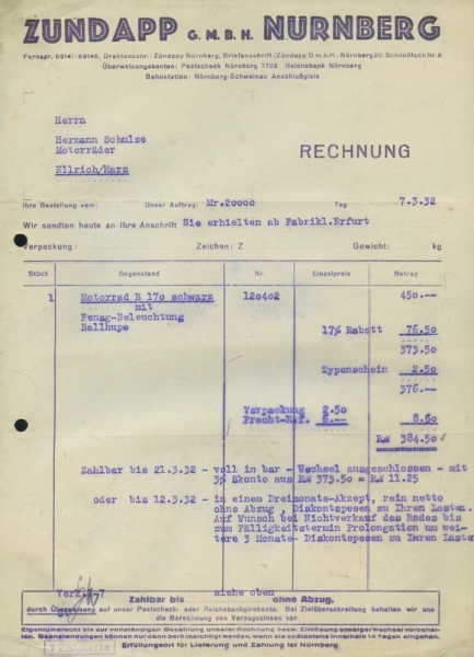 Zündapp B 170 Rechnung 1932