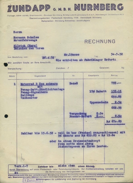 Zündapp B 200 Rechnung 1932