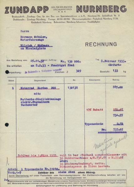 Zündapp Kardan 200 Rechnung 1933