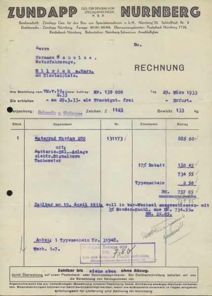 Zündapp Kardan 200 Rechnung 1933