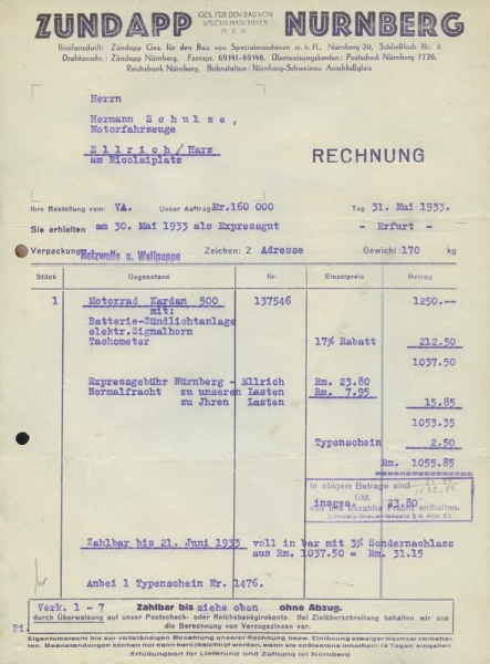 Zündapp Kardan 500 Rechnung 1933