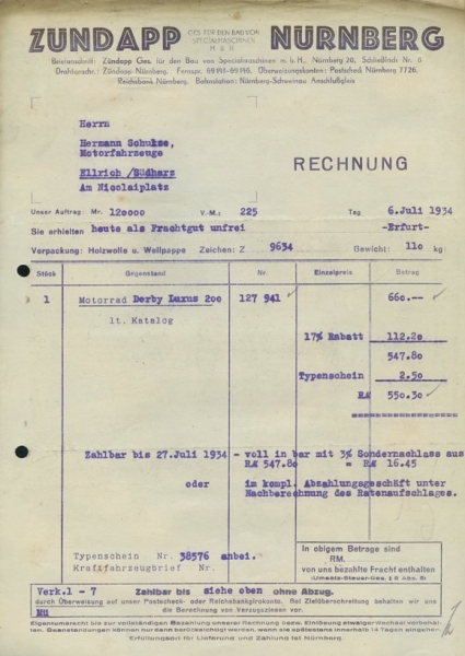 Zündapp Derby 200 Rechnung 1934