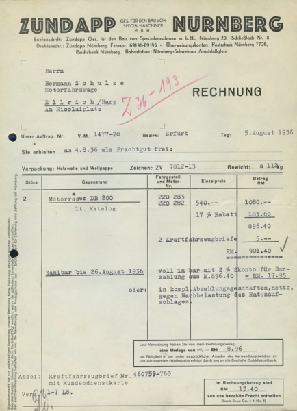 Zündapp DB 200 Rechnung 1935