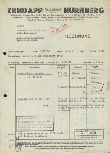 Zündapp DB 200 Rechnung 1936