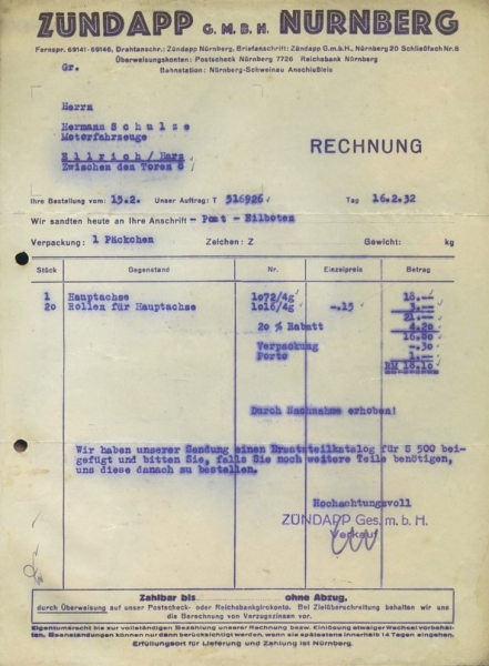 Zündapp Kleinteile Rechnung 1932-35