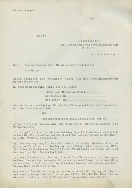 Zündapp Ratenabkommen blanko 1930er Jahre