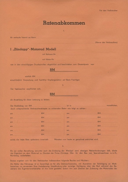 Zündapp Ratenabkommen blanko 1930er Jahre