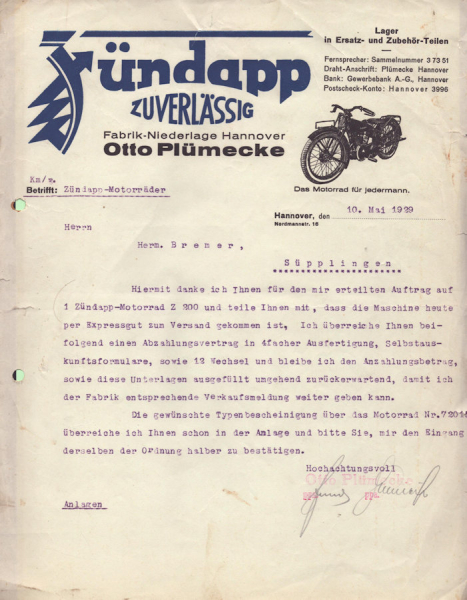 Zündapp Schreiben 1929