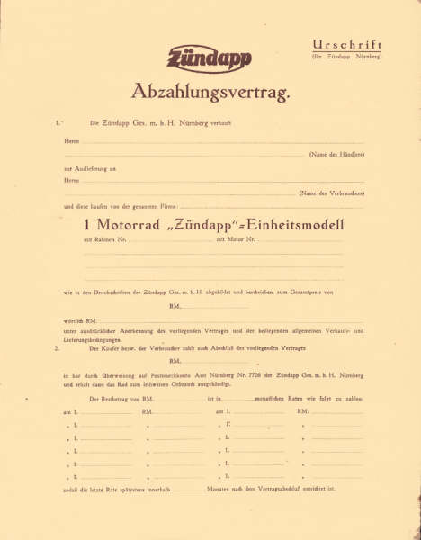Zündapp Abzahlungsvertrag ca. 1925