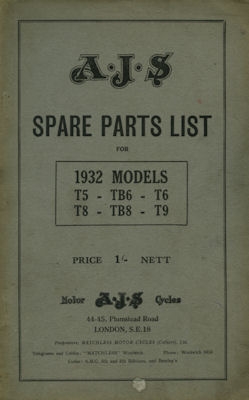 AJS T5 TB6 T6 T8 TB8 T9 Ersatzteilliste 1932