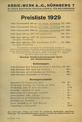 Ardie Preisliste 1929