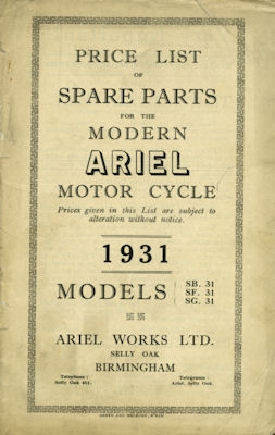Ariel SB SF SG 31 Ersatzteilliste 1931