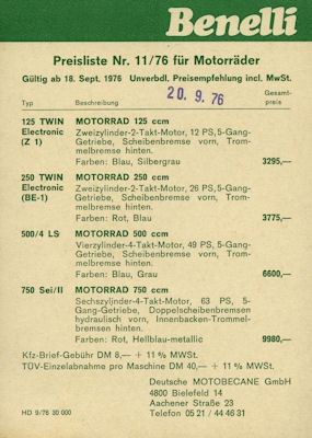 Benelli Preisliste 9.1976