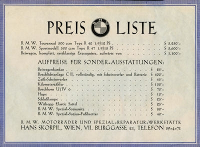 BMW Preisliste 1926/27