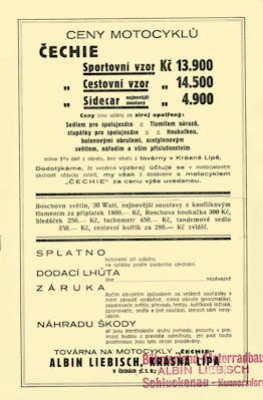 Böhmerland / Cechie  Preisliste ca. 1930