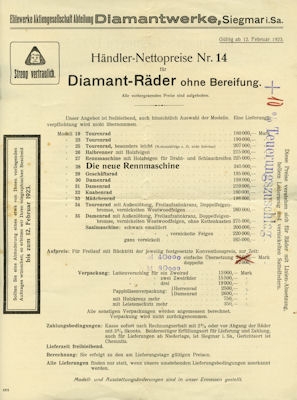 Diamant bicycle seller pricelists 1923