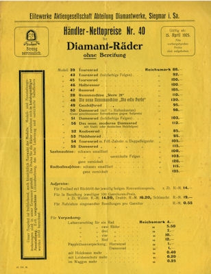 Diamant Fahrrad Händler-Nettopreise 15.4.1925