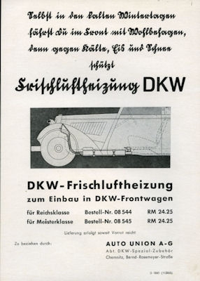 DKW Frischluftheizung Zubehör Prospekt 11.1938