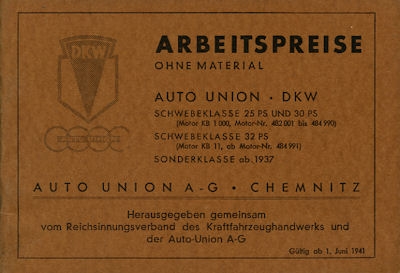 DKW Schwebeklasse Sonderklasse Arbeitspreise 1937-1941