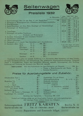 EFKA Seitenwagen Preisliste 1932