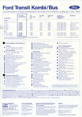 Ford Transit Kombi / Bus Preisliste 1982
