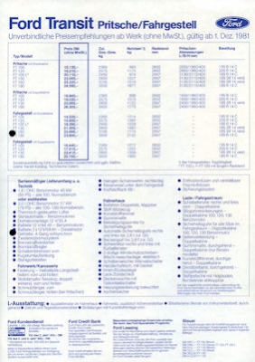 Ford Transit Pritsche / Fahrgestell Preisliste 1982