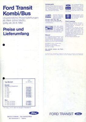 Ford Transit Kombi / Bus Preisliste 1983