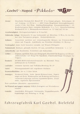 Goebel Moped Pikkolo Prospekt 1950er Jahre