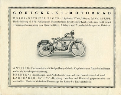 Göricke K 1 Motorrad Prospekt ca. 1925