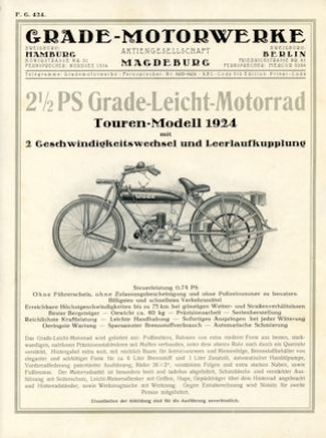 Grade Leichtmotorrad Tourenmodell Prospekt 1924