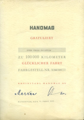 Hanomag Urkunde 100 000 km 4.8.1961