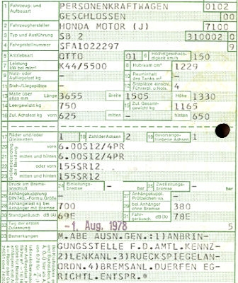 Honda Civic (Typ SB 2) Original Fahrzeugbrief 1978