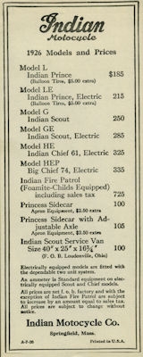 Indian Preisliste 1926