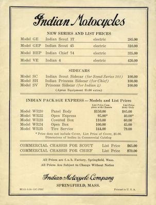 Indian Preisliste 1930