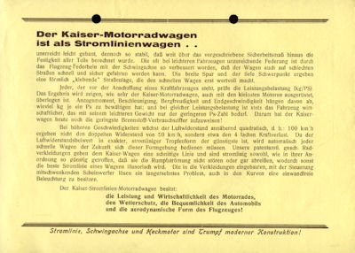 Kaiser Stromlinien Motorradwagen Prospekt ca. 1935
