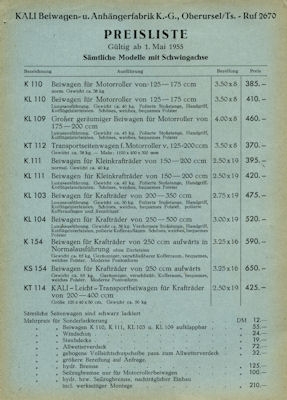 Kali Preisliste 1955